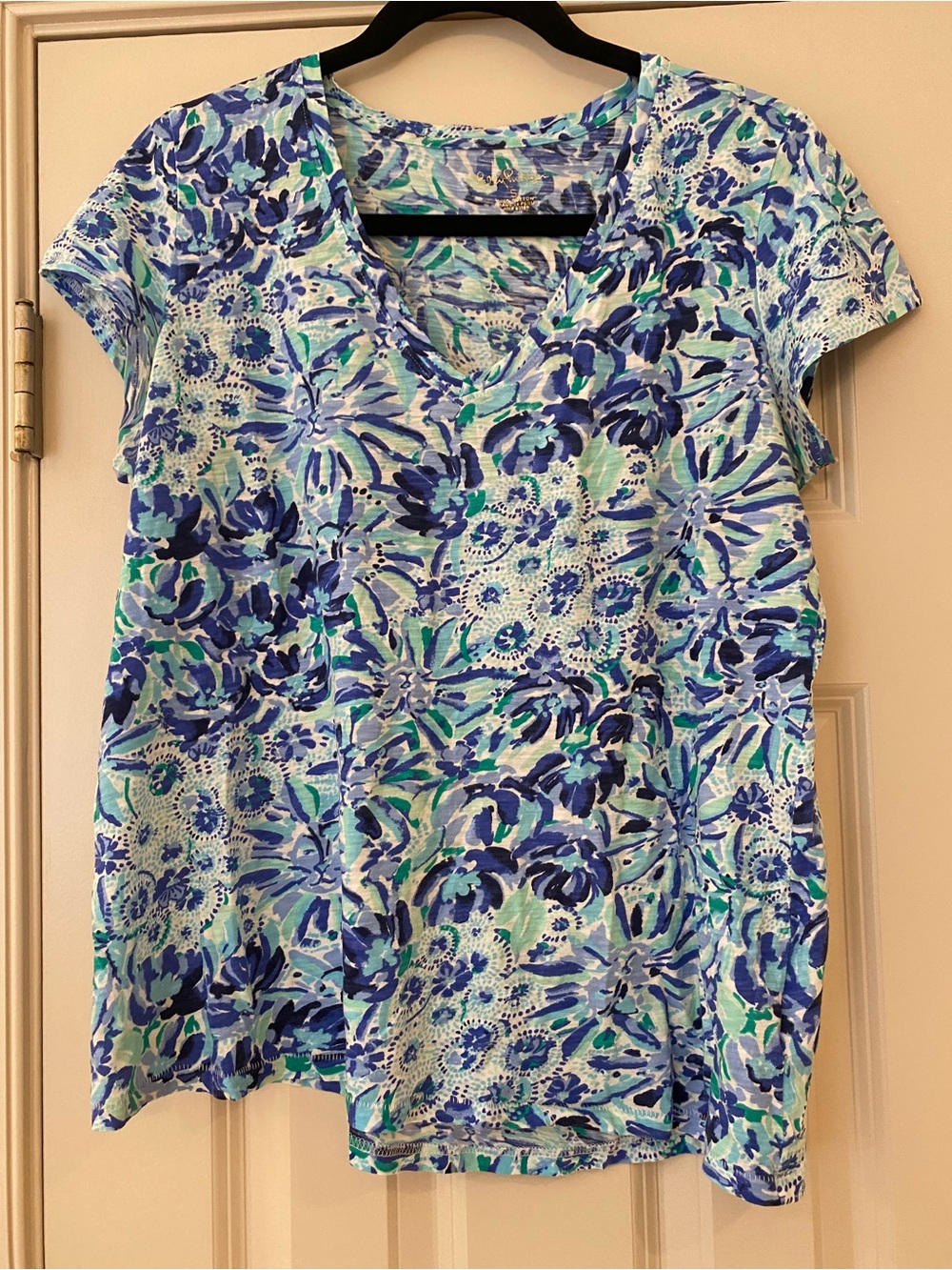 Lilly Pulitzer Blue and Aqua Floral V-Neck Short Sleeve Top